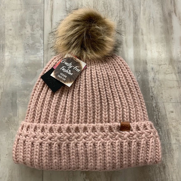 Beige//Pink Striped Mouse Ears Beanie Fleece Lining